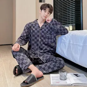 Piyama Cowok Kaos Katun Motif Kancing Import Baju Tidur Pria Setelan Celana Panjang Motif Kancing Jumbo