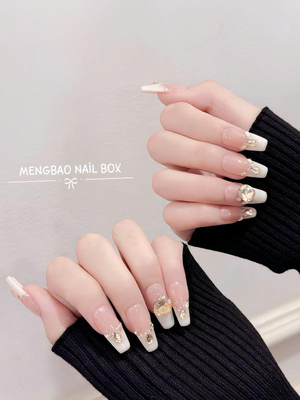   Mã B048-50  Nail Box Móng Tay Giả Màu Hồng Thạch Viền Trắng Sữa Đính Đá Có Thể Tháo Rời Tái Sử Dụng Bộ Móng Vuông Ngắn Móng Tròn Nhỡ Móng Vuông Nhỡ Đơn Giản Trẻ Trung Lấp Lánh Xinh Xắn Dễ Thương Sang Chảnh Đi Chơi Đi Tiệc Kỷ Yếu 