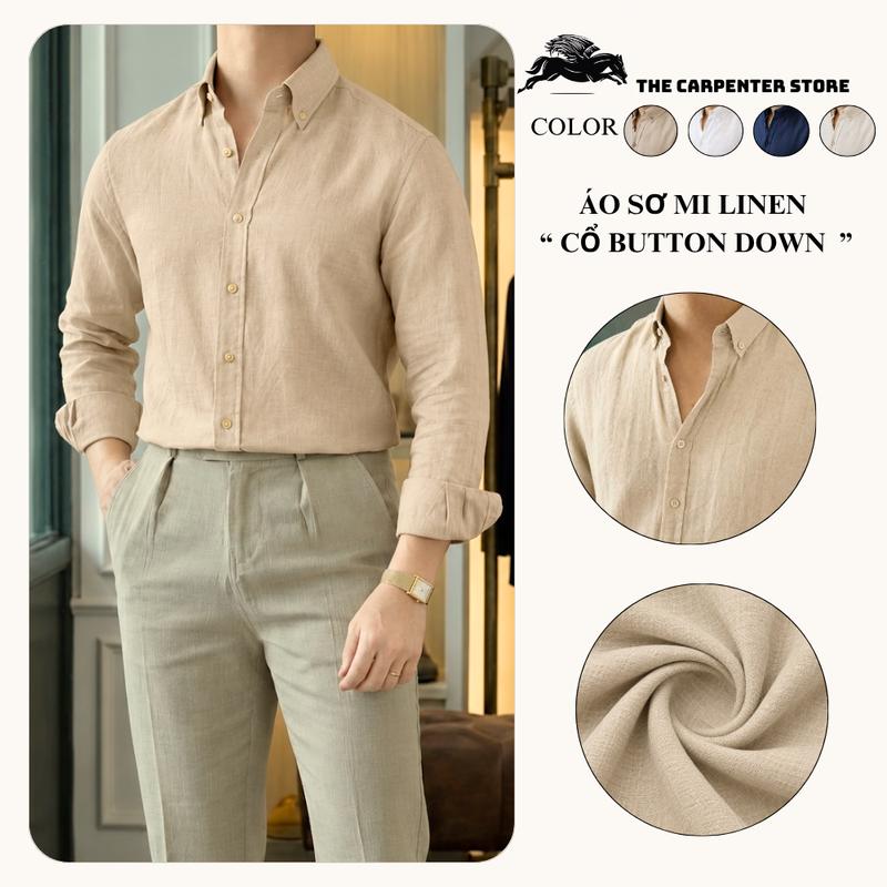 Áo Sơ Mi Linen The Carpenter cổ button down, Chất linen Cao Cấp thoáng, mát đứng form phù hợp mặc đi Biển, đi chơi, công sở.