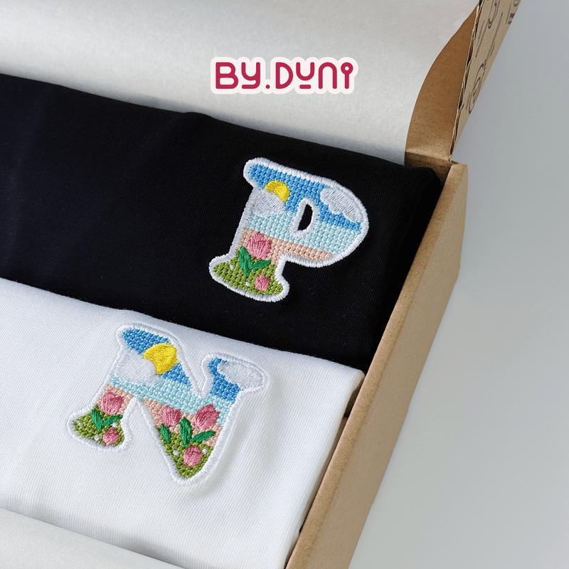 Áo thun THÊU cặp đôi BY.DUNI nam nữ form rộng Local Brand tay lỡ unisex áo cặp bạn thân chữ cái KÝ TỰ YÊU THƯƠNG DHLC