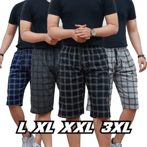 Celana Pendek Pria Wanita 3/4 Motif Tartan Kotak Garis L XL XXL 3XL Katun Babyterry