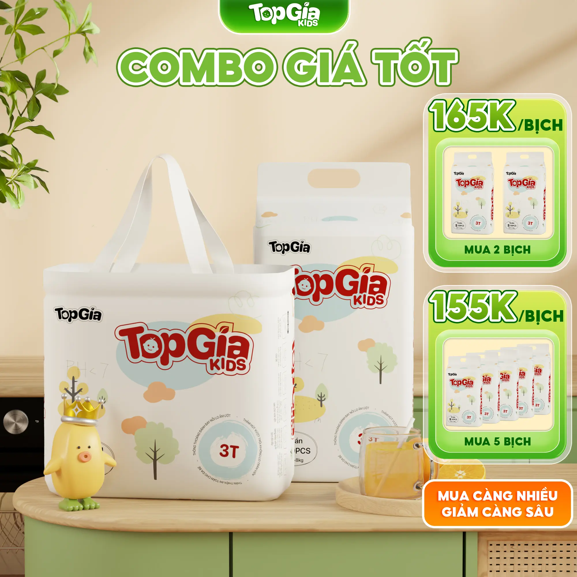 (COMBO GIÁ TỐT) Tã Bỉm Topgiakids pH<7 an toàn cho da bé, mềm mại, mỏng nhẹ, chống tràn tối đa, tặng kèm 2 miếng dùng thử (TDN)