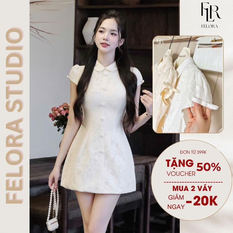 TOP Váy Ren Hoa Nổi Tiểu Thư Sang Chảnh Cổ Sen Cúc Bọc - 57137