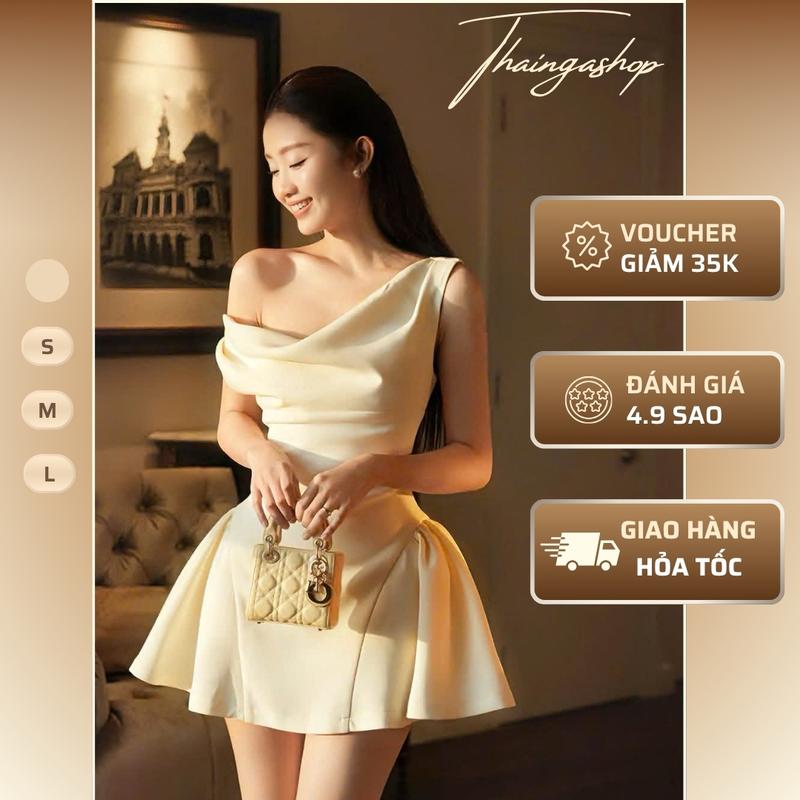   MỞ BÁN – TẶNG Quần Bảo Hộ  Đầm Dự Tiệc Lệch Vai Dáng Xòe Màu Kem Thanh Lịch Quyến Rũ – D1472 