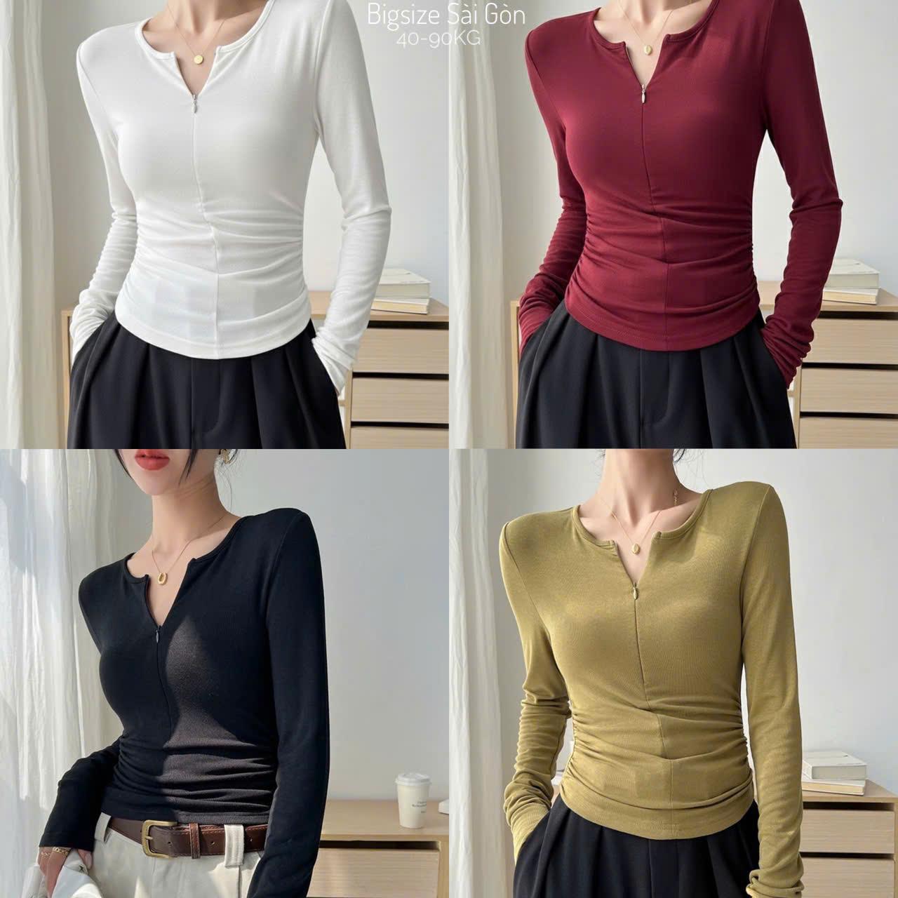 Áo Thun Nữ Tay Dài Phối Khóa Vải Thun Ruby Mềm Mịn Cao Cấp Thanh Lịch Bigsize 45–90kg  Dễ Thương Nữ Women Top Nhung – A.1662