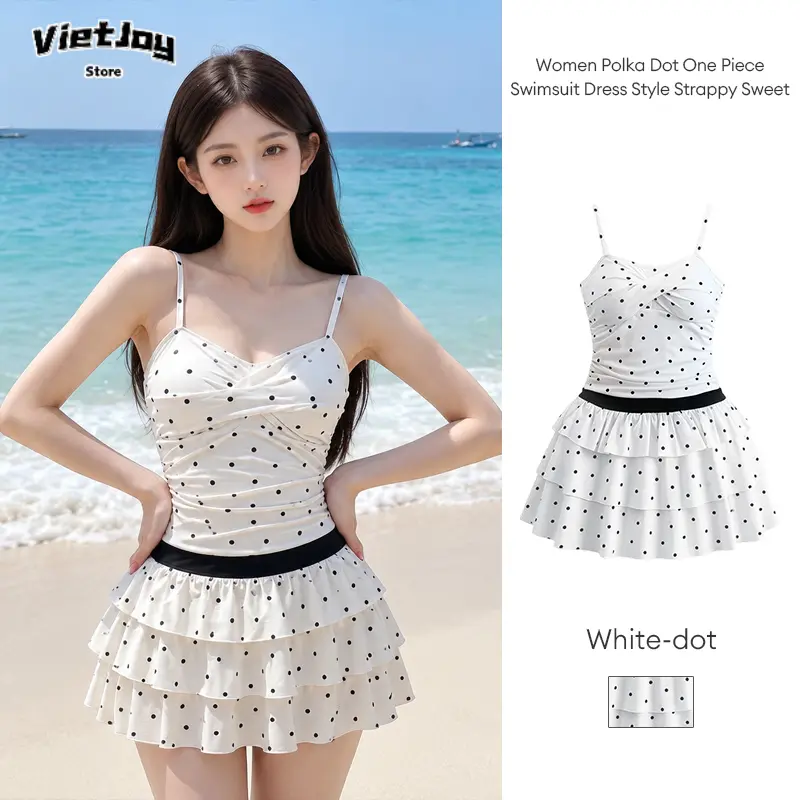<VIE>Baju Renang Wanita Model Gaun Terusan Motif Polkadot, Manis, Cocok untuk Pantai, Liburan, dan Bertali,