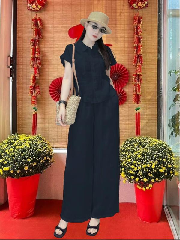  Bộ đũi nữ thiết kế mới – set đồ bộ hot trend dáng rộng thoải mái tôn dáng che bụng tốt – áo tay ngắn cổ sơ mi phối quần dài ống suông – chất đũi tơ mềm mát không nhăn lên form cực đỉnh 