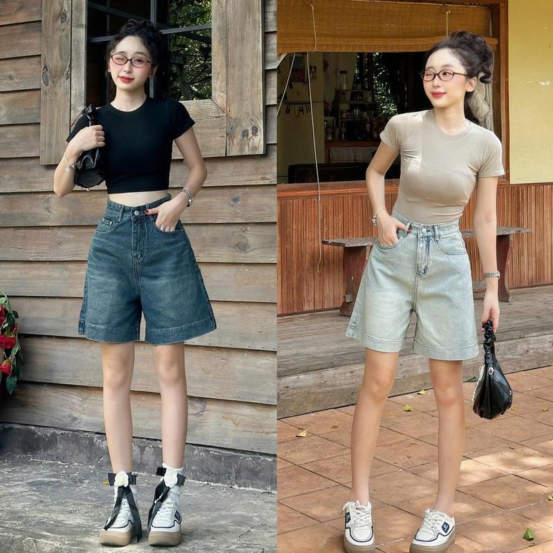 THE QUẠO - Quần Short Ngố Jeans Nữ Lưng Cao Lai 3 Phân Dài 46cm S2706_714
