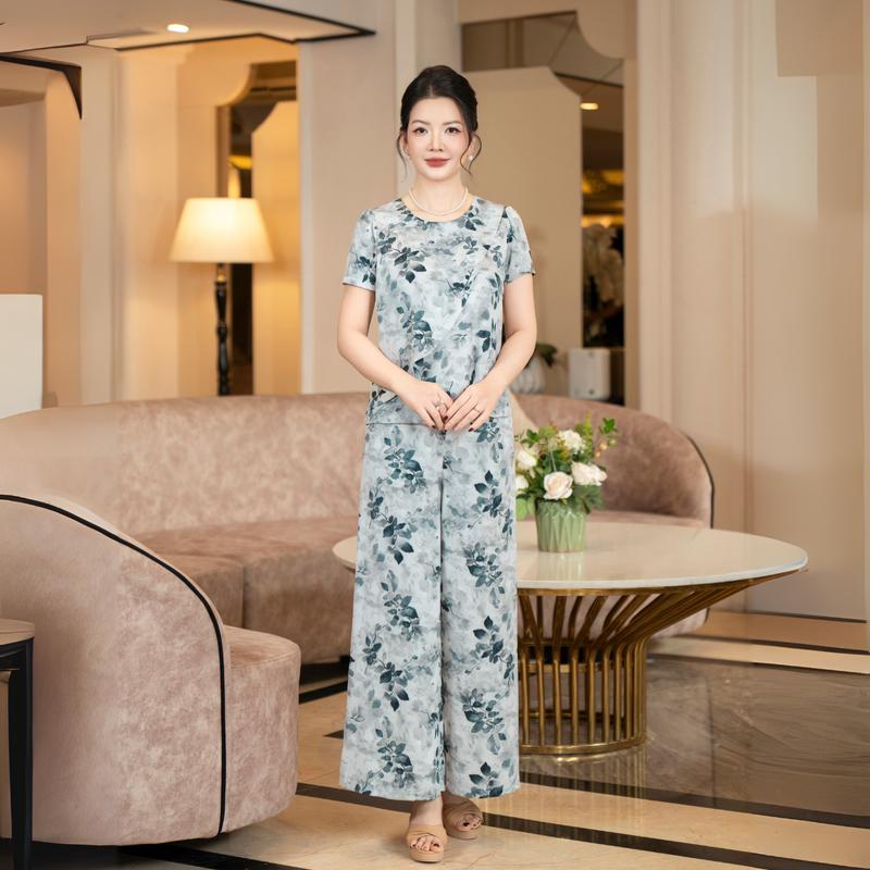 Bộ đồ trung niên mặc nhà cho mẹ LYBEE LS035 chất lụa tuyết nhẹ mát size 45-75kg