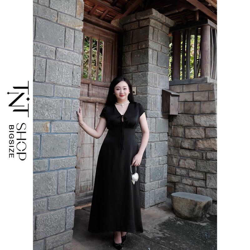  ĐẦM LỤA BIGSIZE CỔ V CỘT NƠ DÁNG DÀI  TNT SHOP BIGSIZE 60KG 90KG  