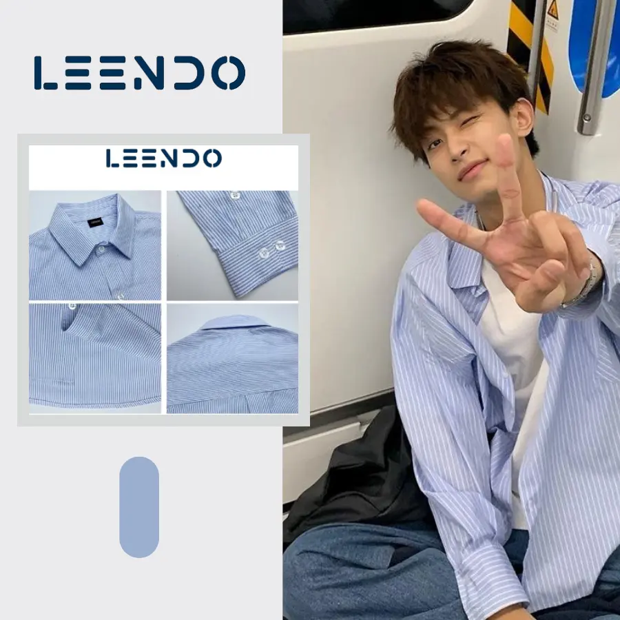 Áo sơ mi dài tay kẻ sọc màu xanh LEENDO,  from rộng thoải mái unisex chất liệu Oxford thoáng mát dễ phối đồ kiểu dáng Hàn Quốc