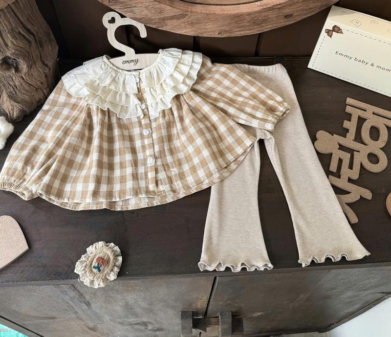 size 7-25kg Set Cổ Bèo Kẻ Nâu+ Quần ống Loe lượn sóng chất co dãn cho bé gái Nhận làm theo yêu cầu