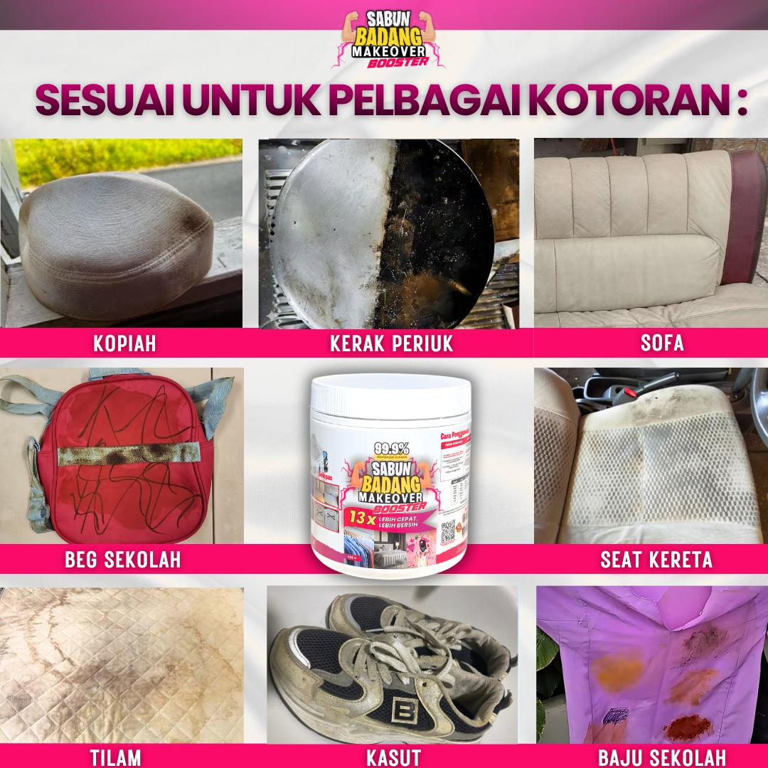 Sabun Badang Makeover Booster Cleaner Multifunction Serbuk Viral Hilangkan Kotoran Degil Tahi Lalat Fabrik Warna Luntur Watercolour Darah Minyak Baju Putih Sekolah Telekung Kereta Kuali Kasut Periuk Sofa Beg Bundle Tudung Karpet Basuh Cuci Rendam