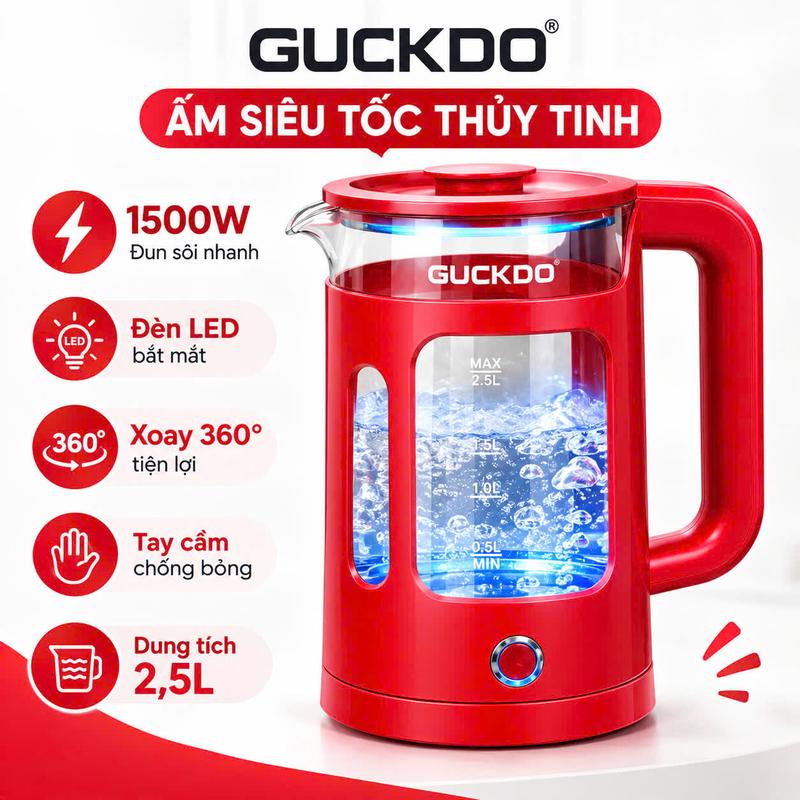 Ấm Siêu Tốc Thủy Tinh Guckdo , Dung Tích 2,5l, Công Suất 1500w, Đun Sôi Nhanh, Bọc Nhựa Chống Bỏng ,An Toàn Cho Gia Đình