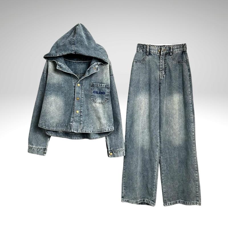 Set Jean B600 Áo Tay Dài Có Mũ Thêu Trước Sau, Quần Dài Dáng Suông, Thời Trang Nữ, Chất Jean Mềm