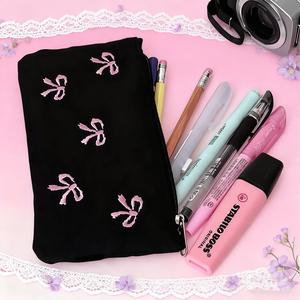 Estuche para lápices de lona con patrón de moño, 1 unidad de bolsa para lápices bordada con moño lindo, Bolsa de papelería, Bolsa para almacenar cosméticos, Organizador de escritorio para oficina y escuela