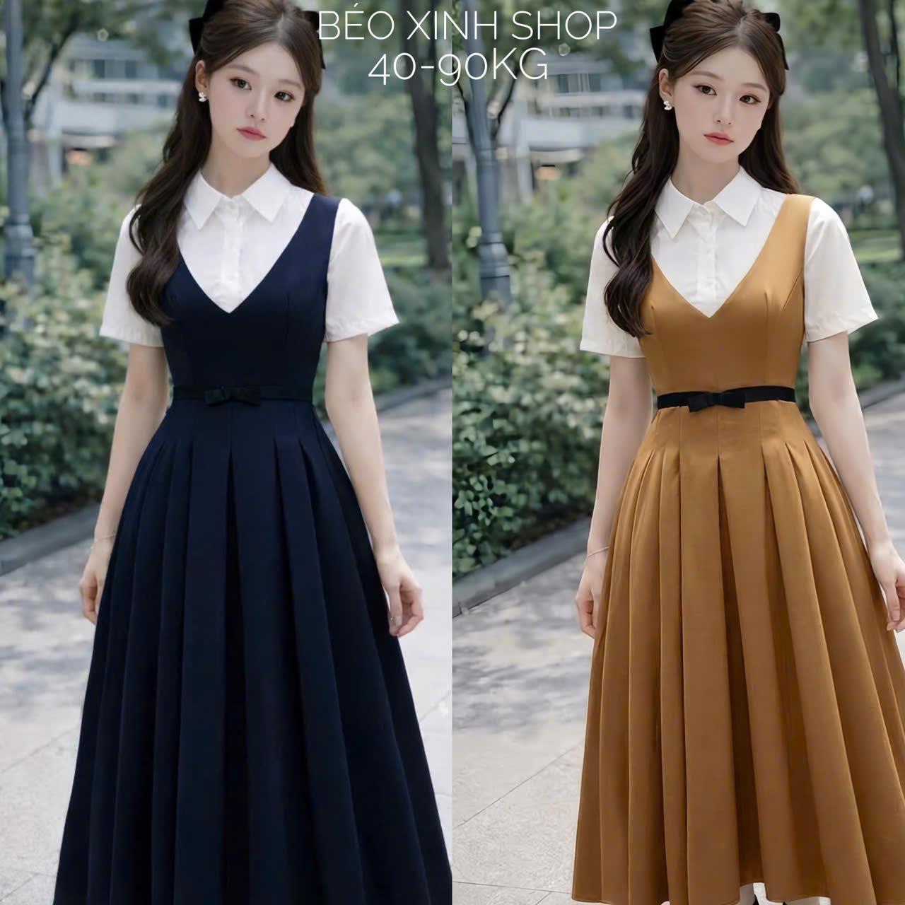 Đầm Dự Tiệc Thiết Kế Phối Cổ Sơ Mi Tiểu Thư (Vải Fo Lạnh Hàn) Cao Cấp Thanh Lịch Sang Trọng Cho Các Nàng Bigsize 40–90kg Thời Trang Nữ Béo Xinh Shop - A.1740