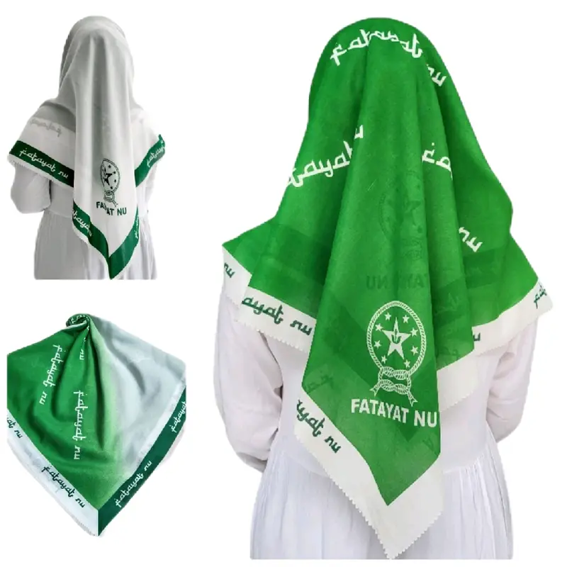Jilbab Segi Empat Voal Premium Motif Muslimat NU & Fatayat NU Hijau 110x110cm - Nyaman, Mewah, Square Kerudung Printing 3