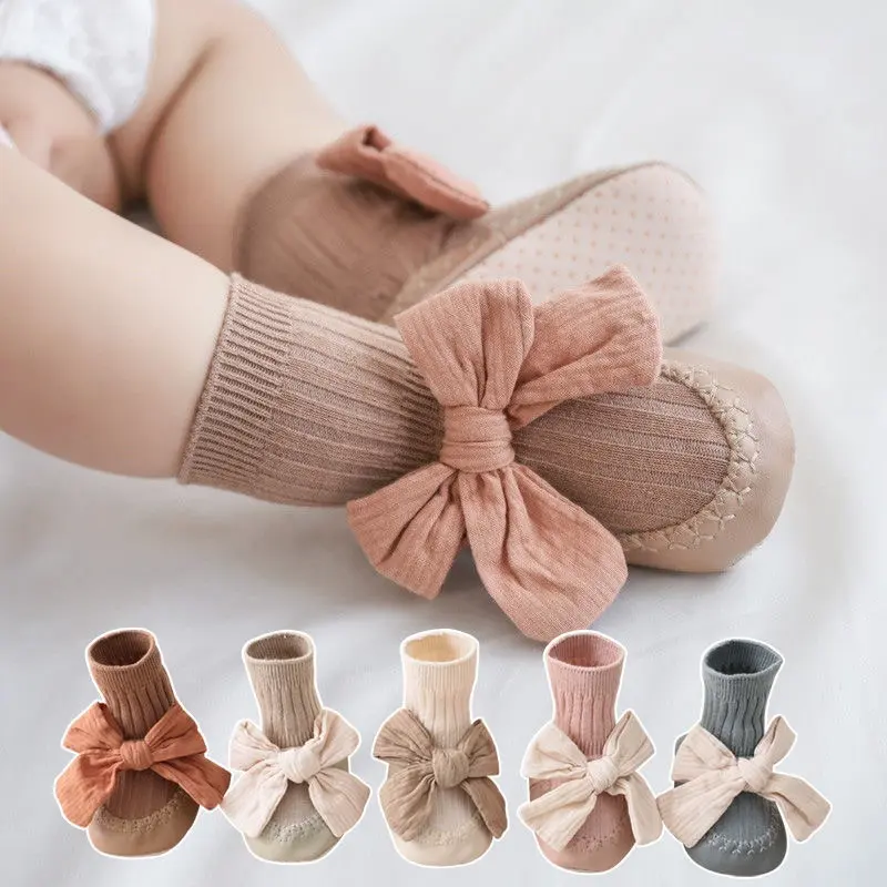 Giày tất cho Em Bé với thắt nơ lớn, màu Trơn phong cách công chúa và trẻ mới biết đi, đế mềm, làm bằng bông, dễ thương cho trẻ sơ sinh, giày Giày Thể Thao đi trong nhà, thích hợp cho bé gái sơ sinh tập đi đầu tiên