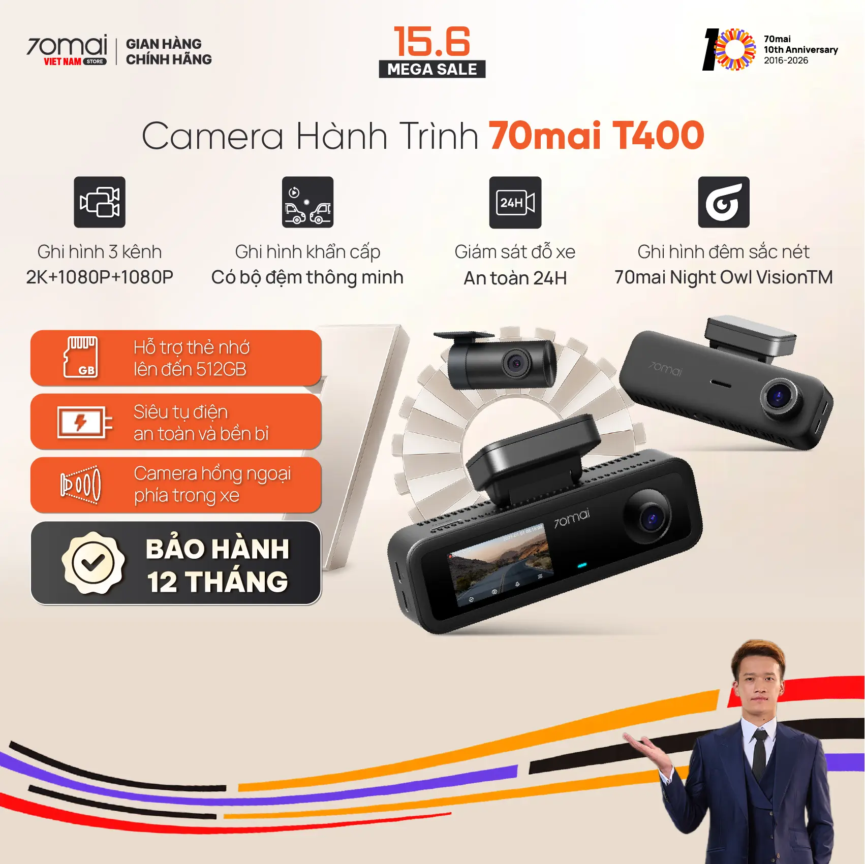 Camera Hành Trình 70mai T400 độ phân giải 2.5K sắc nét,ghi hình 3 Kênh Trước Sau Và Trong Xe