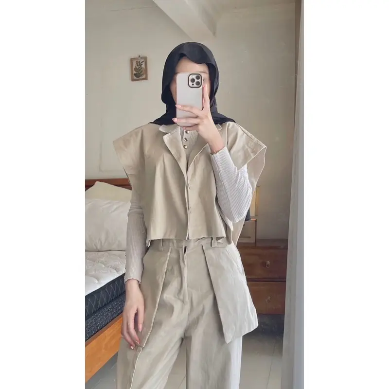JN- Oneset Korean Fujian Vest Set Celana Katun Linnen Premium Super Tebal Casual  Wanita Setelan Atasan Fit Top Bawahan Panjang Baju Oversize Outer Linen Blazer Kulot Dewasa Formal Hitam 2