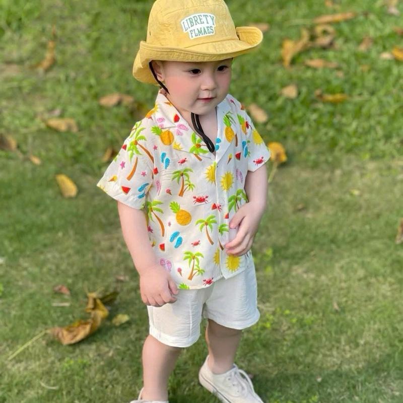 [ Linh An kids] Set đi biển đũi tơ hoạ tiết cây dừa sắc màu tươi mát mùa hè cho bé trai , phong cách vintage,mềm mát mặc đi học, đi chơi, đi biển sz 7-30 0