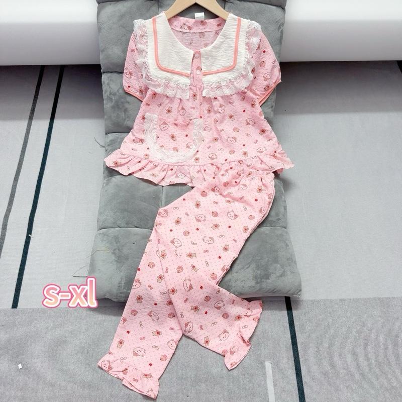  MÃ 94  111 : 22-48 kg: Bộ Đồ Mặc Nhà Cho Bé Gồm Quần Dài Áo Tay Ngắn Bèo Tiểu Thư Chất Liệu Đũi Hàn Thô Mềm Mịn Mát Thấm Hút Mồ Hôi Tốt Cho Bé Và Mẹ . Bộ dáng baby doll 