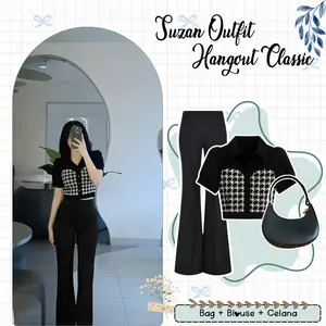 Suzan One Set Korean Style 3in1 ( Bag + Blouse + Celana ) Outfit Remaja Kekinian Viral -D57