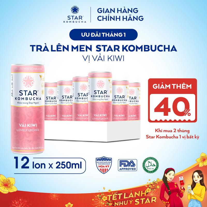Thùng 12 lon trà STAR KOMBUCHA Vải Kiwi Lychee 250ml lon - Trà lên men vi sinh hỗ trợ tiêu hóa