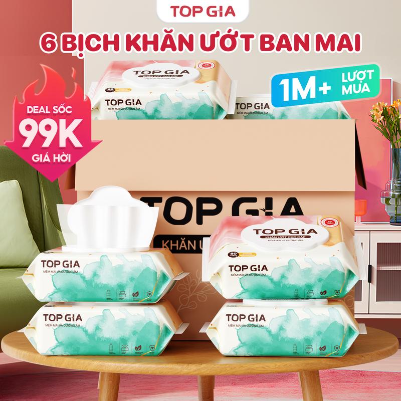 (DEAL 99K) Thùng 6 bịch 80 tờ khăn ướt cao cấp TOP GIA không cồn, mềm mại, tiện lợi, an toàn cho mọi làn da phù hợp với cả mẹ và cho bé khăn giấy giấy ăn khăn lau giadung tienich FS2 (KU)