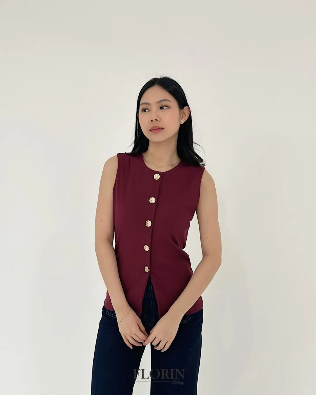 FLORIN - Cherry Atasan Knit Wanita Kancing Rose Vest Top
