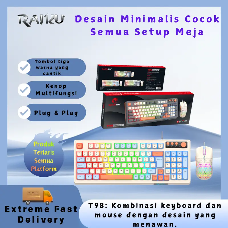 Raiku T98 Keyboard  dengan Efek Lampu RGB, Tombol Multimedia Cepat Akses,  Gaming USB untuk Laptop PC, Desain Ergonomis Tahan Air, 98 Tombol, Konektivitas USB, Cocok untuk Game dan Kerja - Computer
