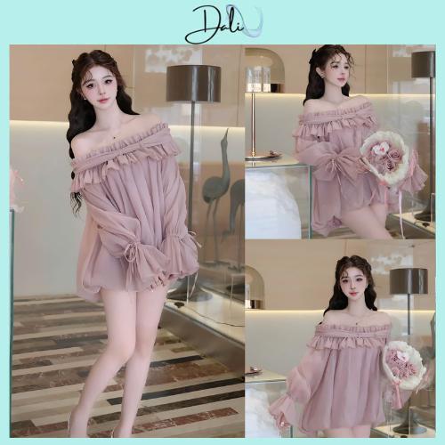 Váy Trễ Vai Bánh Bèo Màu Tím Baby Đính Cúc Ngọc Chất Liệu Tơ Xốp - Tặng Kèm Quần Bảo Hộ