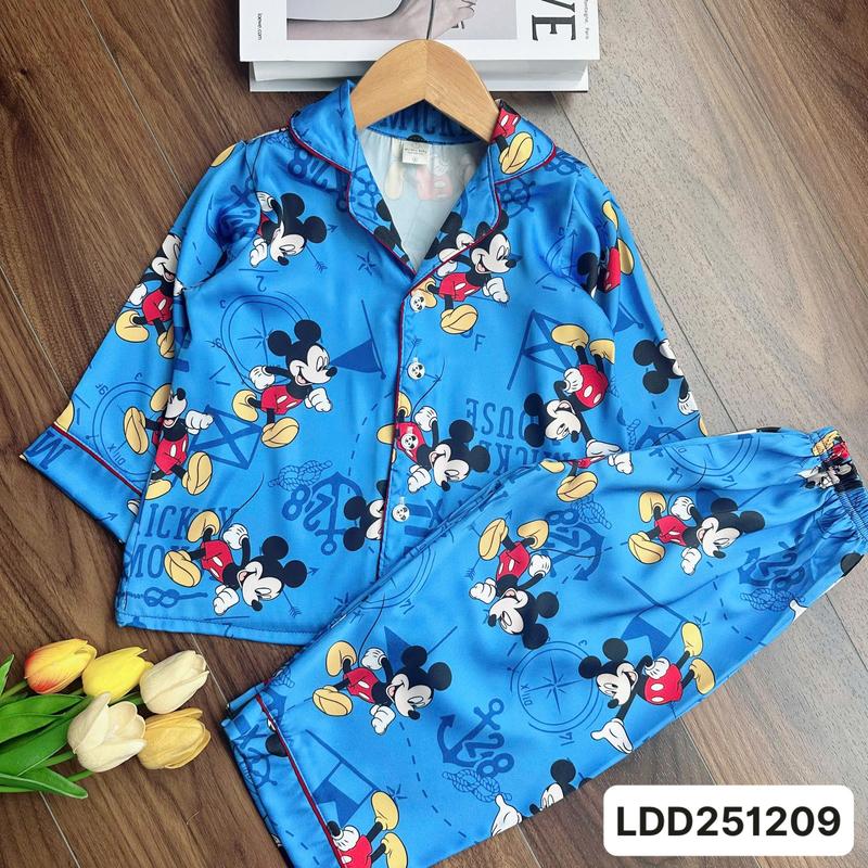 LDD251209 Bộ lụa dài pijama tay dài quần dài cho bé gái 12kg-42kg cài nút phối viền