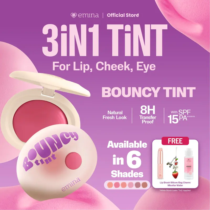 NEW! Emina Bouncy Tint 3 in 1 Lip, Cheek, & Eye - Blurry Lip Color, Lasting Stain, dilengkapi dengan SPF 15 PA+++, Marshmallow Mochi Pudding Longlasting Blush On Lip Tint Eye Shadow 1
