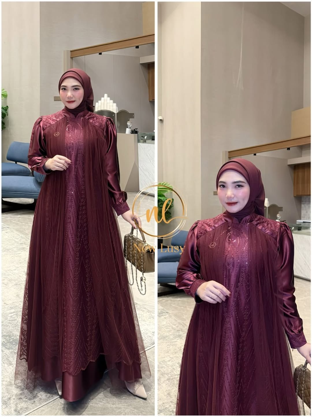 Leya Dress Bahan Satin Velvet Mix Brukat Tille Gamis Pesta Kondangan Simpel Elegant Warna Mahogany