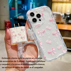 Set de Accesorios para iPhone de Cinco Piezas con Patrón de Moño de Cereza, Incluye Funda Transparente, Protector de Cargador, Manga para Cable, Correa de Almacenamiento