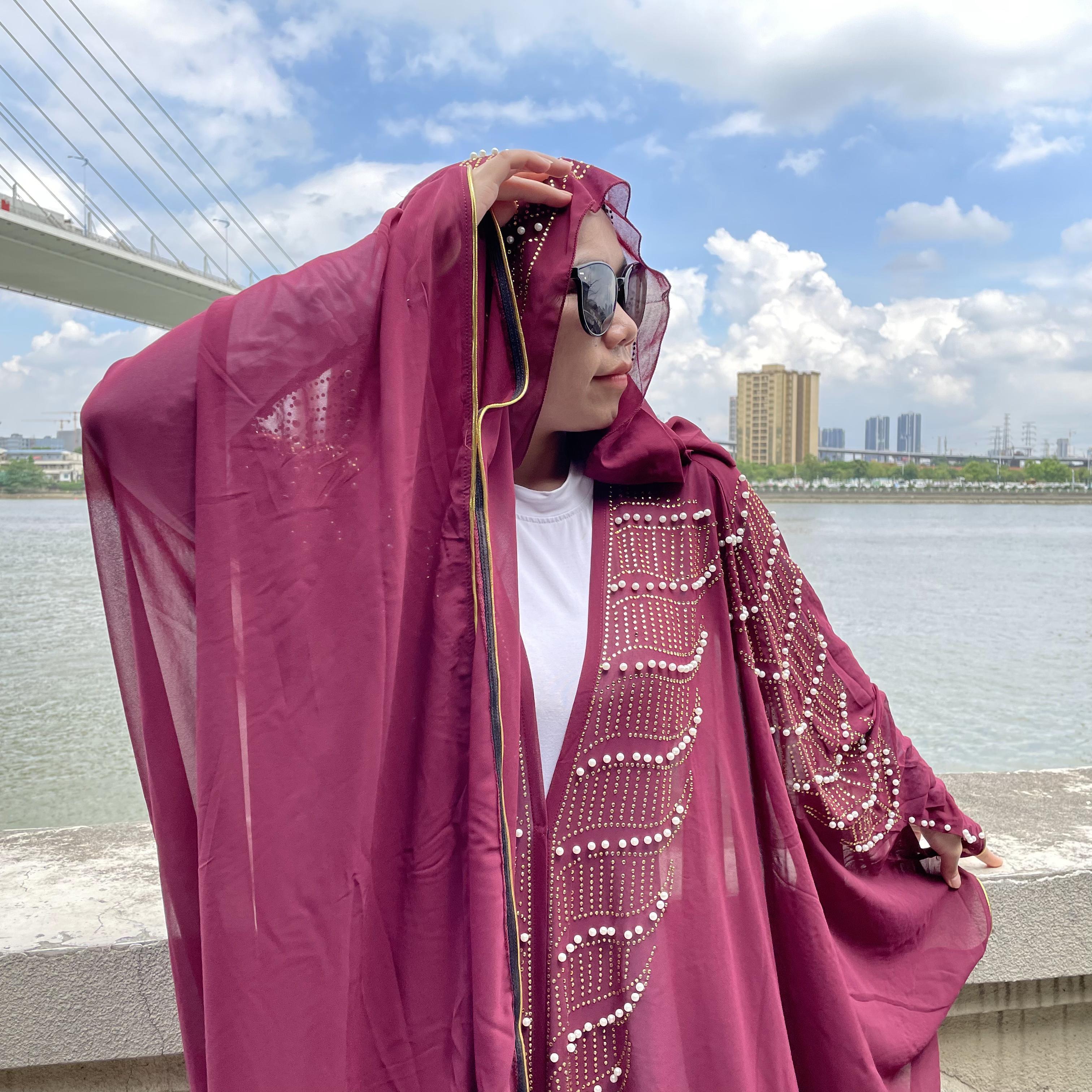 2257#Bat Sleeves Pearls Abaya Elegant Jil-bab - CHAOMENG MUSLIM SHOP