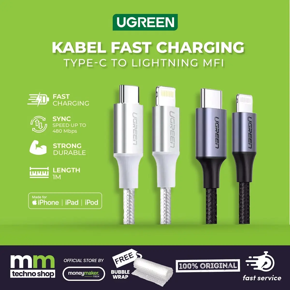 Cable Data USB C to iPhone Lightning MFI UGREEN PD Fast Braided Nylon Wire