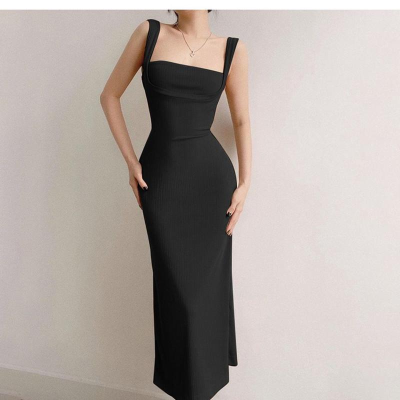 Product Introduction of Square neck sleeveless camisole backless dress for women, solid color fashionable Binding strap Retract your waist Wrap the buttocks bodycon mid length skirt 7