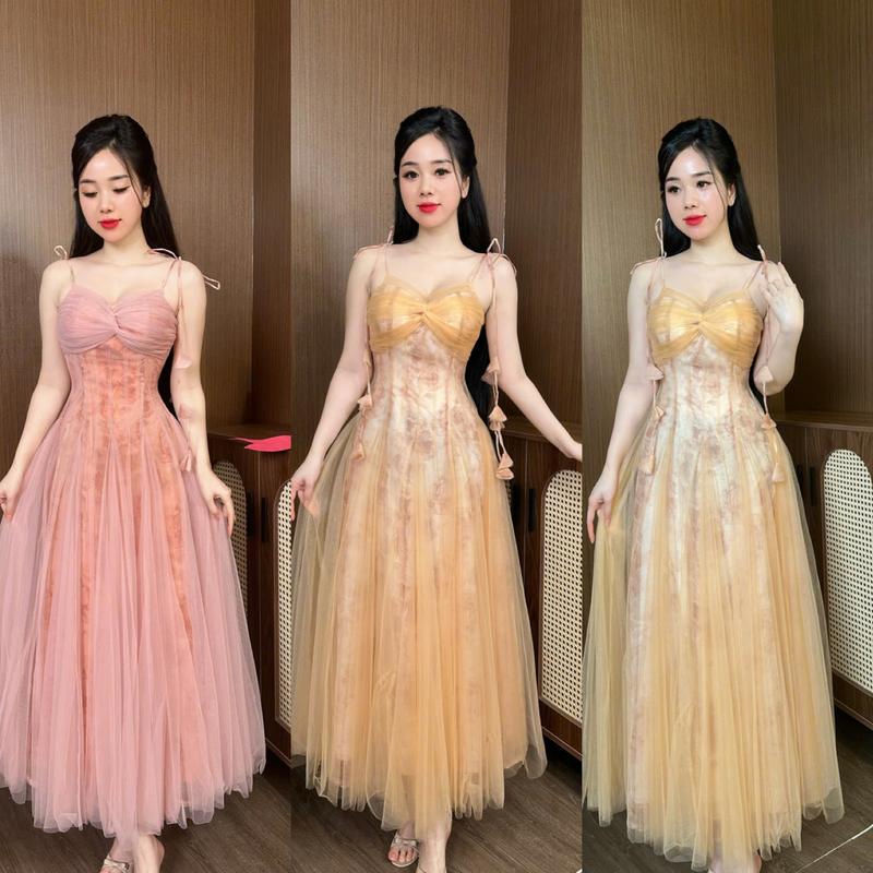 (Z84) Đầm thiết kế form xoè bồng bềnh vải tơ lưới cao cấp mềm không ngứa phối hoạ tiết tơ 3D hai dây đính hoa cắt cách điệu đi tiệc đi chơi đều đẹp by Thương Lê Z84