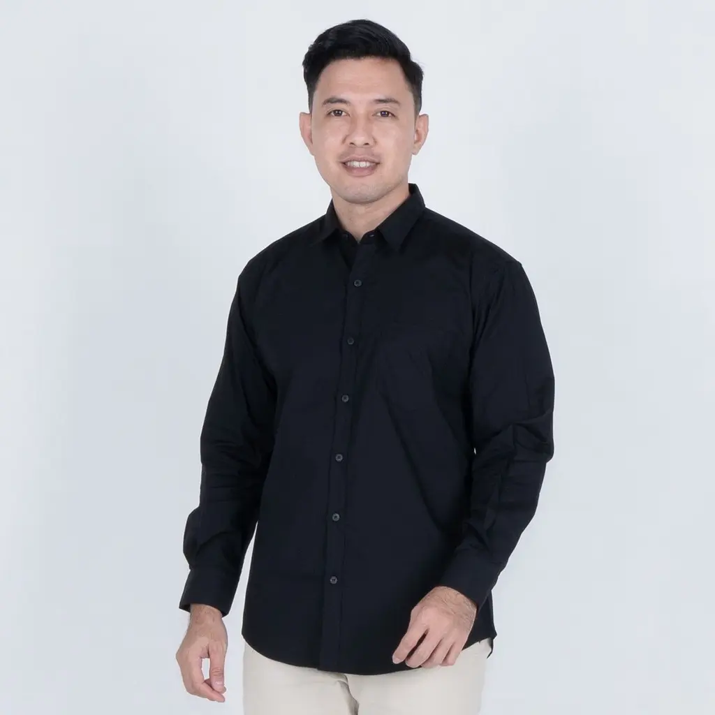 BENHILL Kemeja Basic Formal Pria Panjang Katun Poplin  Black 27357-58-19233 Casual Hitam Nyaman
