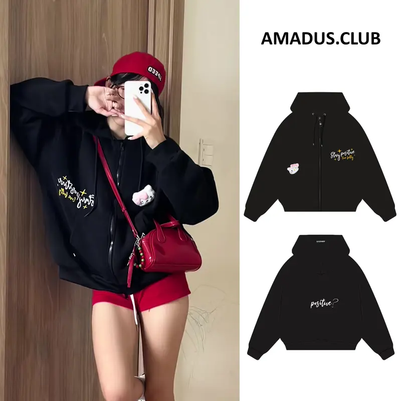 HOODIE ZIP form BOXY THÊU NỔI " Stay Positive " khoá kéo 2 chiều Nỉ Bông Unisex Nam Nữ Tay Phồng - HDB06 0