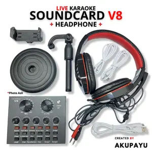 Paket Mixer Sound card V8 Recording Soundcard Bluetooth Live Streaming Karaoke Tiktok Youtube plus Headset Laptop