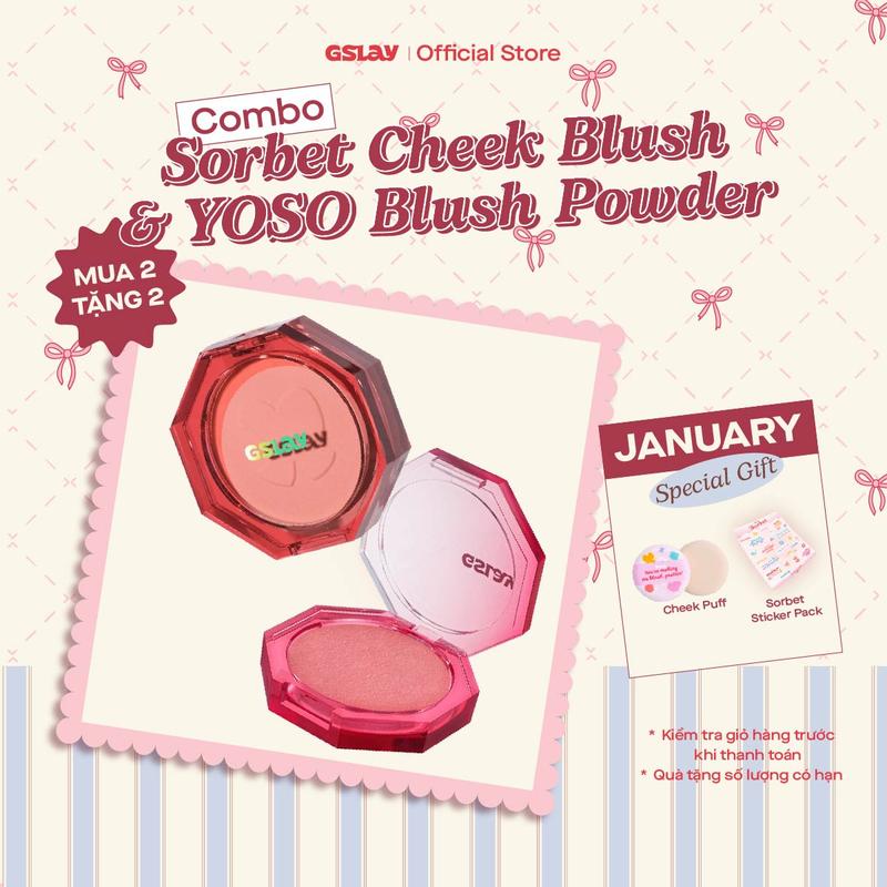 Combo GSLAY Má hồng kem hóa phấn Sorbet Cheek Blush 5g và Phấn má hồng thuần chay dạng nén YOSO Blush Powder 5g
