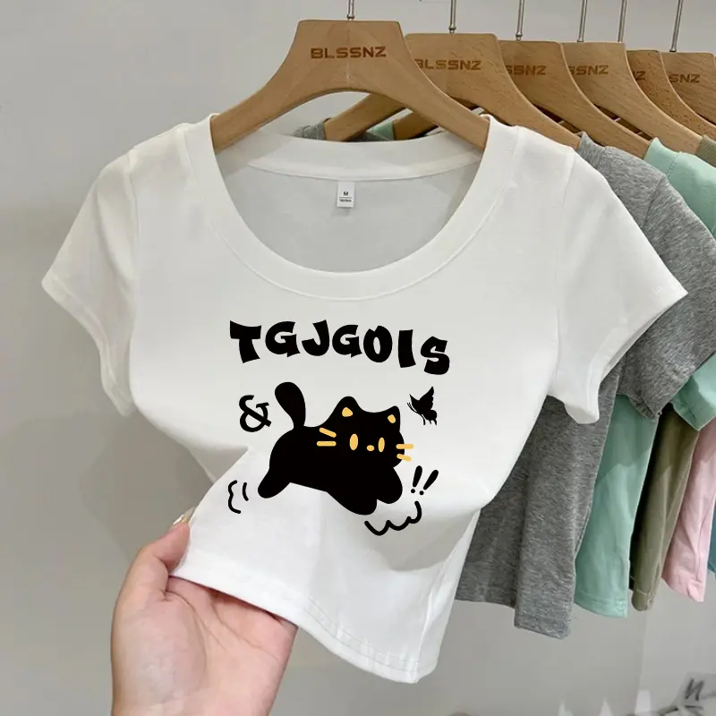 Kaos lengan pendek motif kucing berkualitas tinggi gaya Korea 0