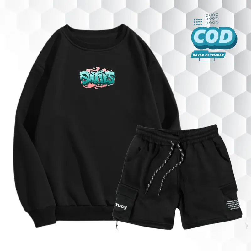 Setelan sdatu Set Crewneck Dan Celana Pendek Cargo Pria Wanita Distro Stelan Sweater Korean Style Bahan Fleece Brend Lokal Bandung Distro Size M L XL XXL Katun Polos Hitam Atasan  Dewasa outfit  cowok setelan hoodie cowok 1 set dewasa  Keren  Casual 1