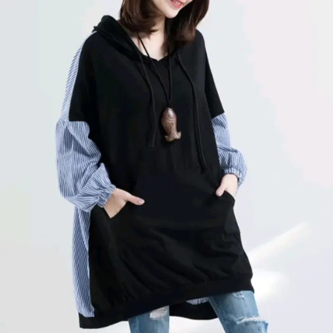 Sweater hoodie mix salur biru wanita keren korean style Casual Panjang