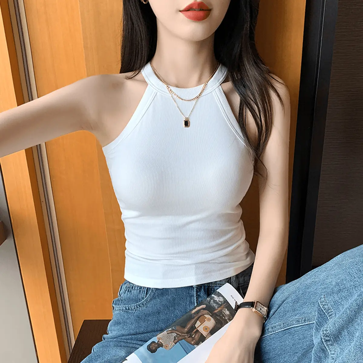Áo Yếm Cổ Chữ U, Màu Trơn Áo Vest Nữ Dáng Ôm, Thích Hợp Cho Mùa Hè, Thiết Kế Lưng Thanh Lịch, Áo Cơ Sở Thời Trang, Thích Hợp Cho Thể Thao