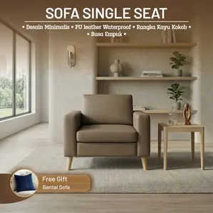 Mika Home Sofa Single Seat Harga Ekonomis Design Retro Minimalis menggunakan Busa  Empuk High Density, Rangka Kayu, Kain PU Leather Waterproof  Cocok Untuk Ruang Tamu, Ruang Keluarga, & Kantor  Kaki Sofa Metal yang kokoh anti karat Sofa Only Free Bantal